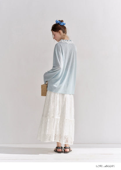 Lace Trim Elastic Waist A-line Long Skirt