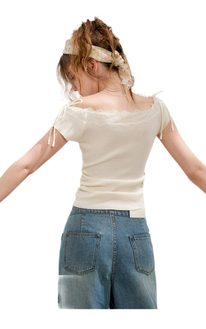 Lace Trim Off-Shoulder Knit Top &amp; Denim Pants