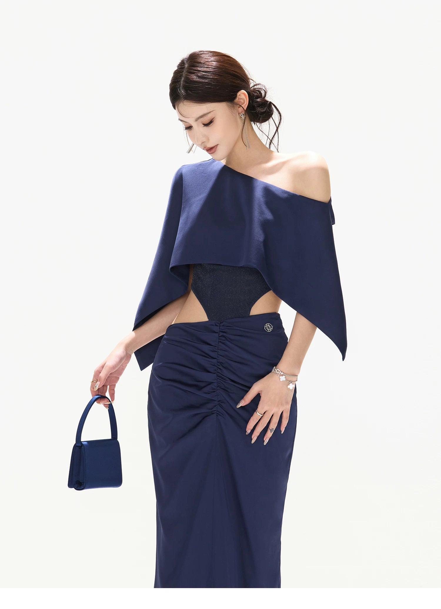 Night Banquet Muse Indigo Asymmetric Off-Shoulder Long Dress