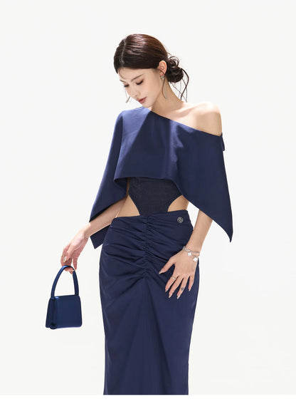 Night Banquet Muse Indigo Asymmetric Off-Shoulder Long Dress