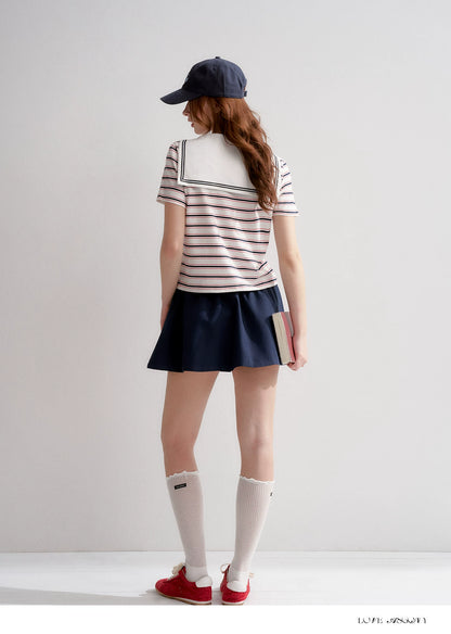 Navy Sailor Collar Tie-Striped Short T-shirt