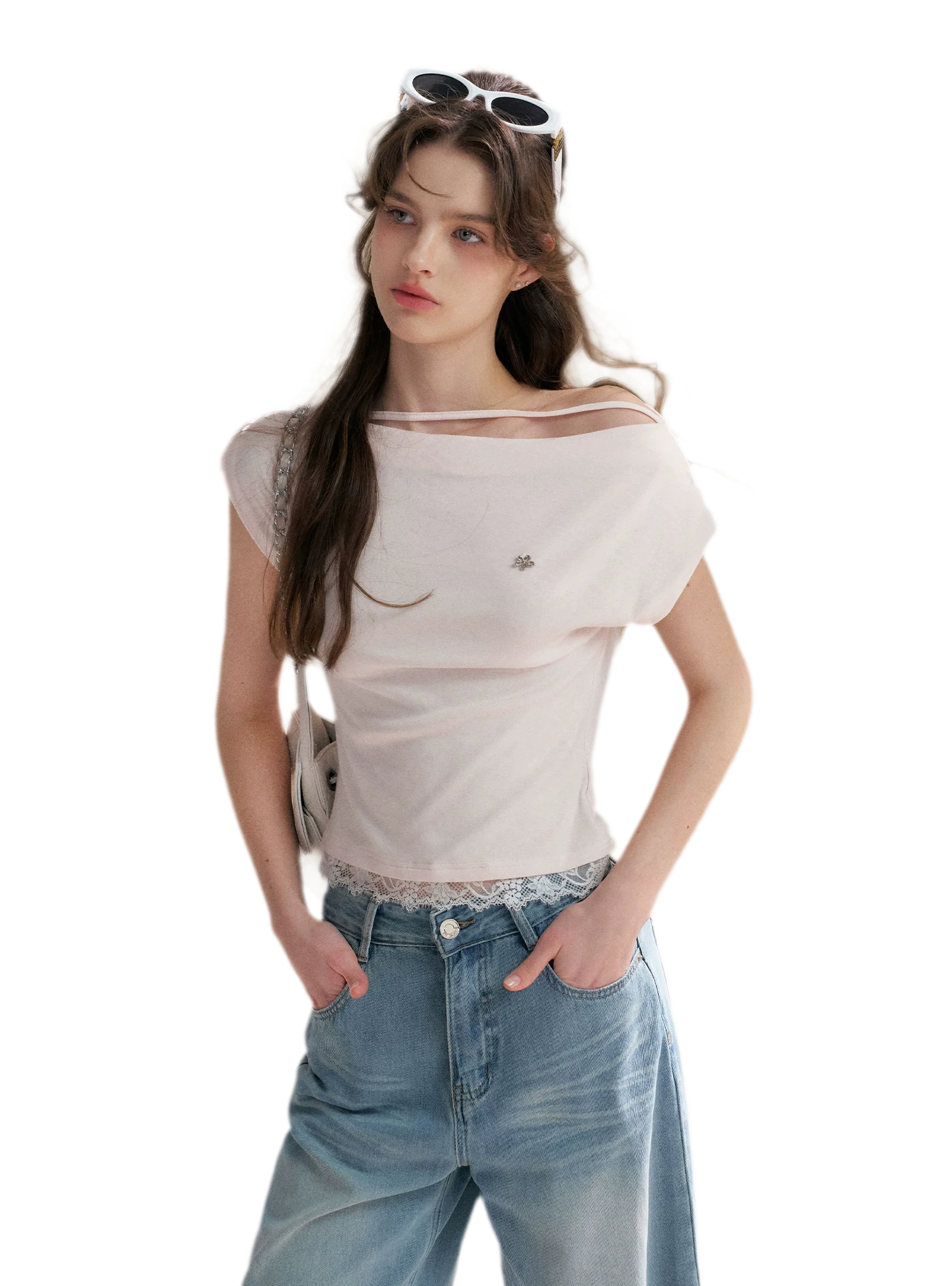 Lace Trim Asymmetric Short Sleeve T-Shirt