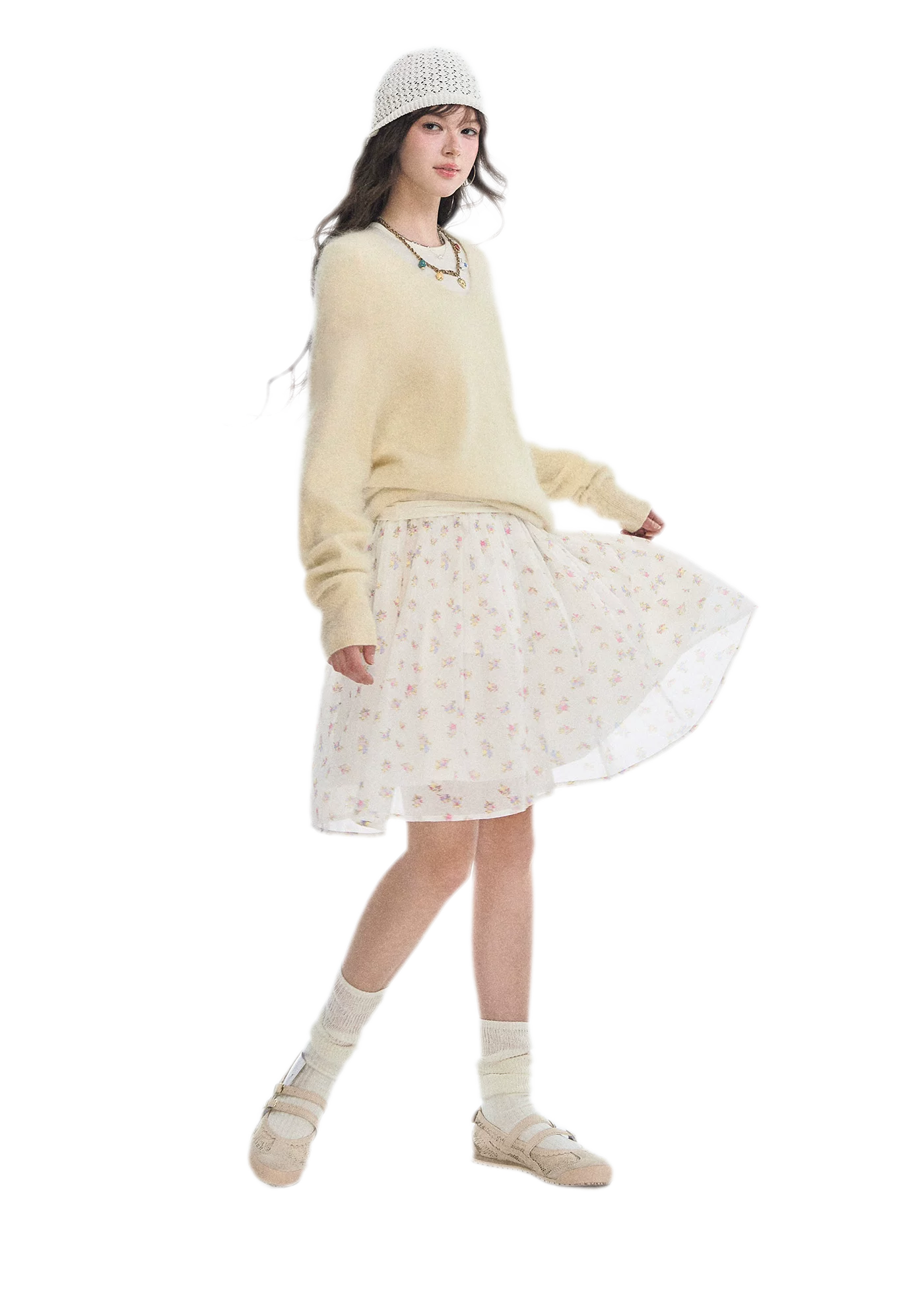 Pleated Floral A-Line Skirt