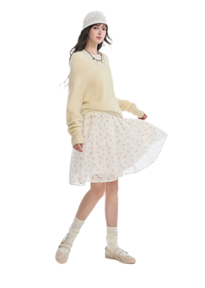 Pleated Floral A-Line Skirt