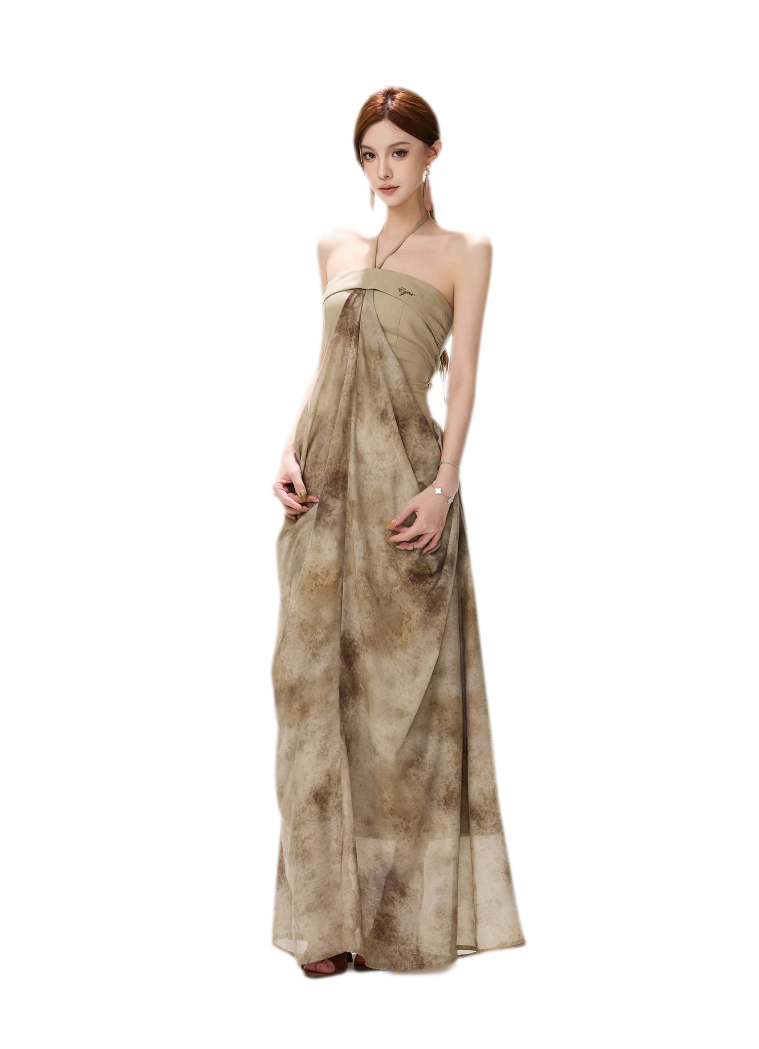 Ink-Wash Pleated Halter Dress