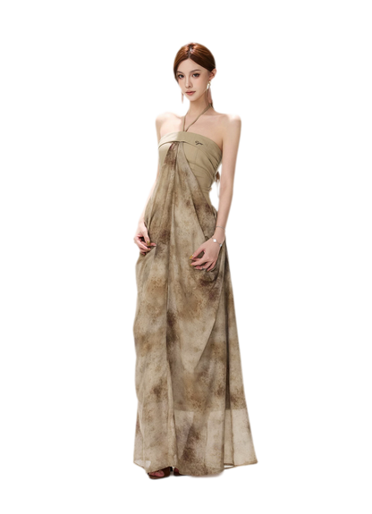Ink-Wash Pleated Halter Dress
