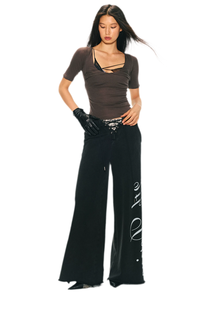 Vintage Letter Print Wide-Leg Pants