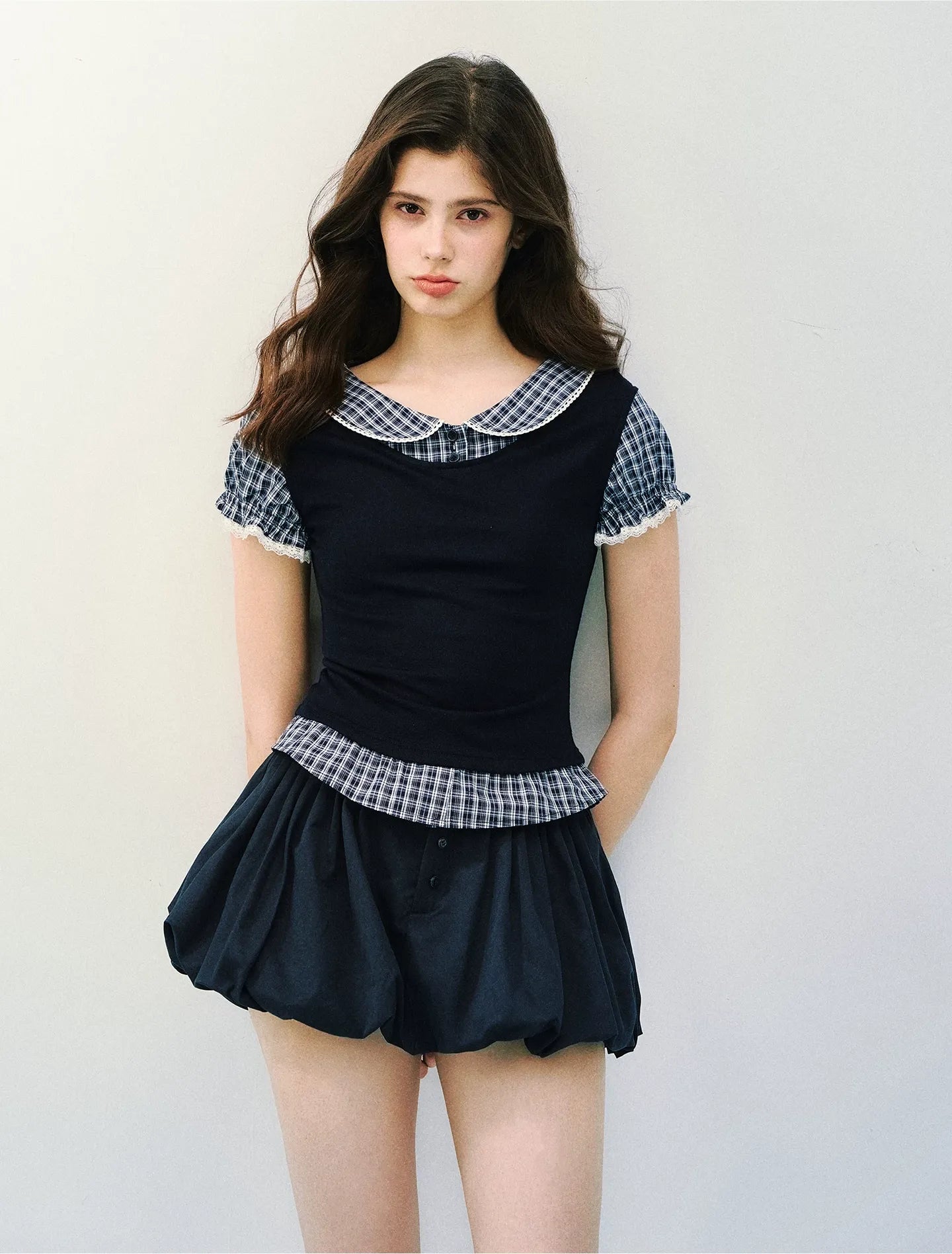 Navy Petal Pleated Skirt