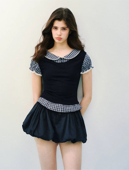 Navy Petal Pleated Skirt