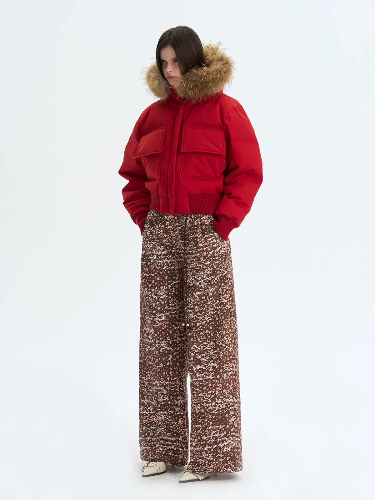 Printed Cropped Hooded Down Jacket