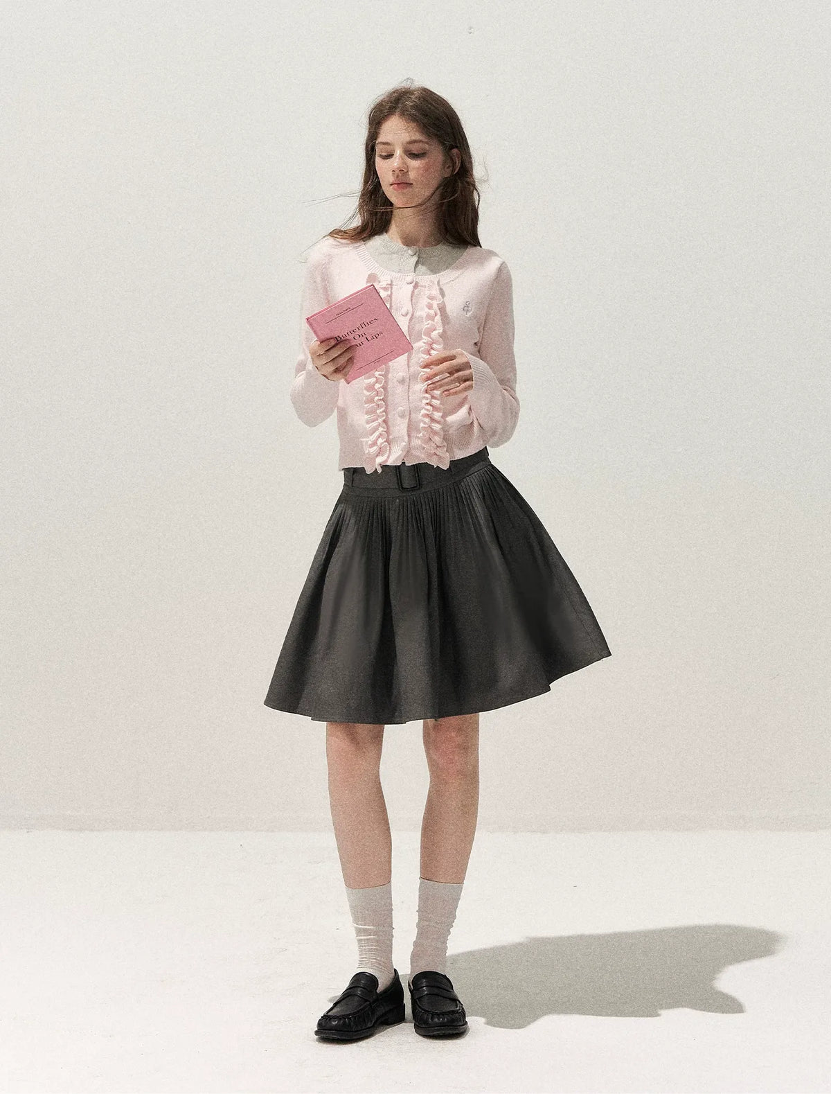 Fine-Gauge Ruffle Cardigan Sweater
