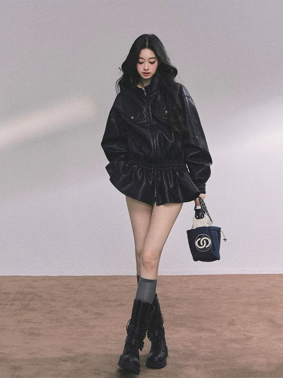 Faux Leather Stand Collar Jacket