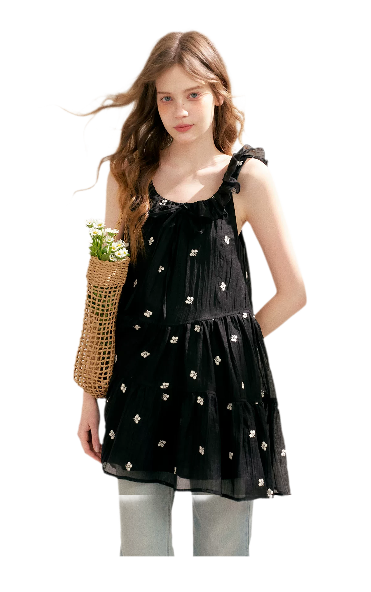 Tencel Embroidered Ruffle A-line Dress