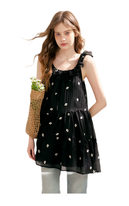 Tencel Embroidered Ruffle A-line Dress