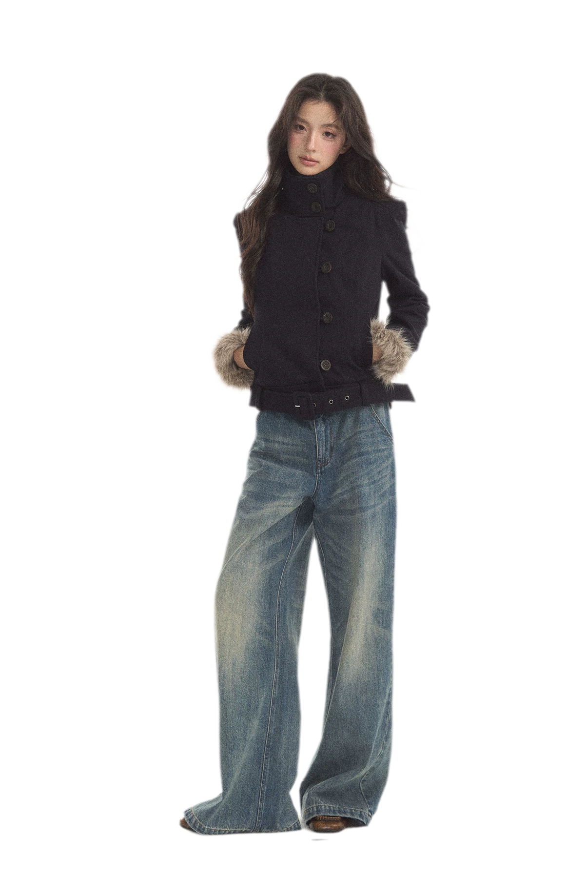 Detachable Fur Collar Twill Coat