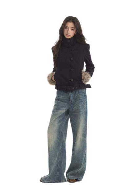 Detachable Fur Collar Twill Coat
