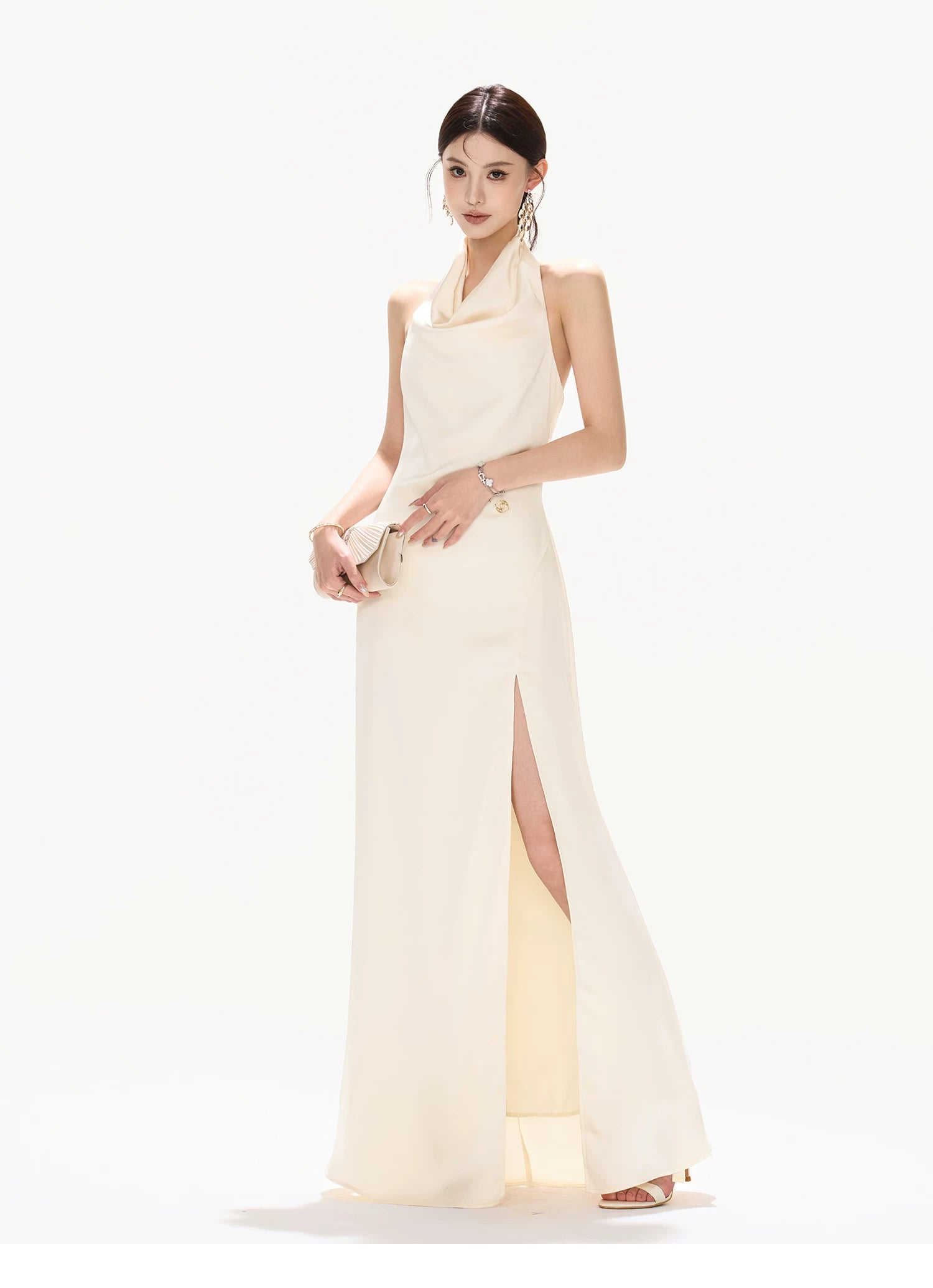 French Style One-Shoulder Backless Halter Long Dress