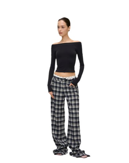 Brushed Plaid Wide-Leg Pants