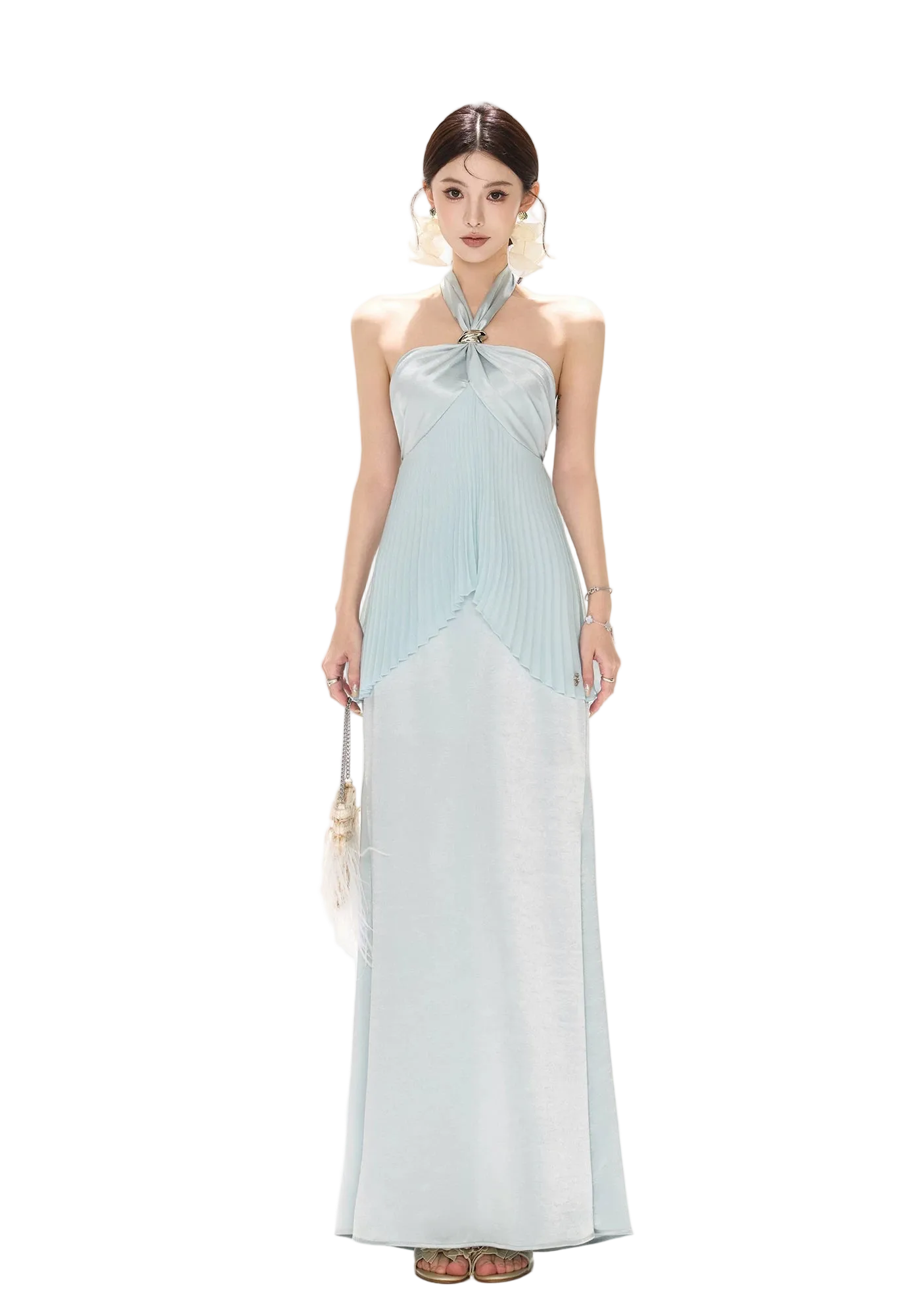 Misty Blue Pleated Halter Satin Long Dress Blue / L