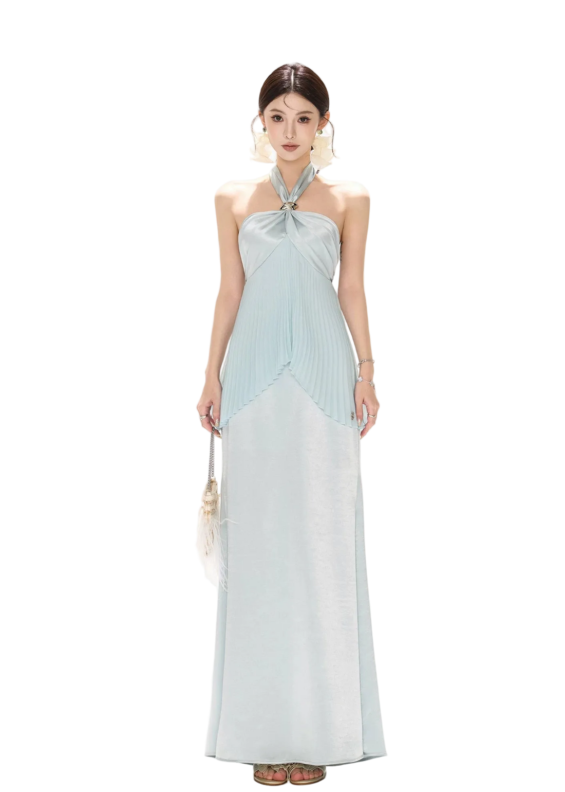 Misty Blue Pleated Halter Satin Long Dress