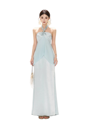 Misty Blue Pleated Halter Satin Long Dress