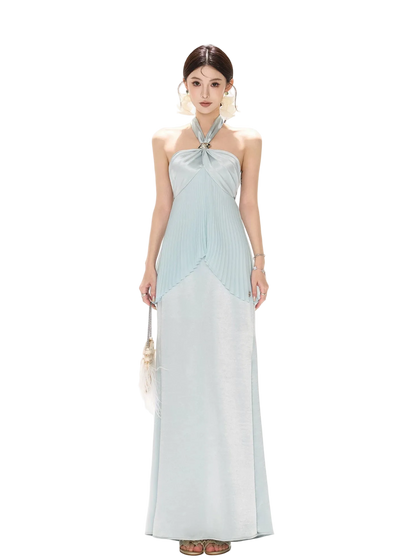 Misty Blue Pleated Halter Satin Long Dress