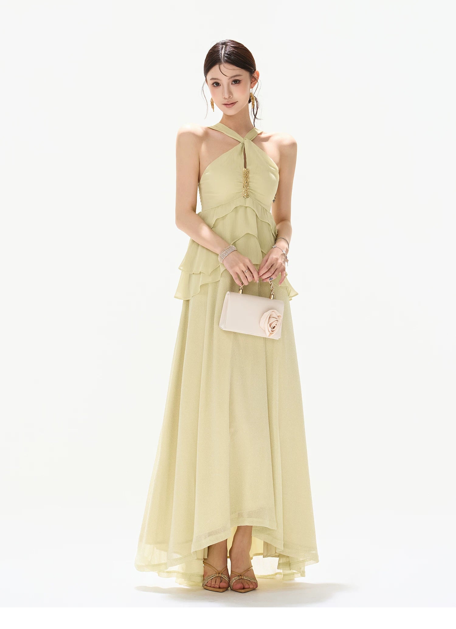 Flowing Sheer Halter Rhinestone Chiffon Long Dress