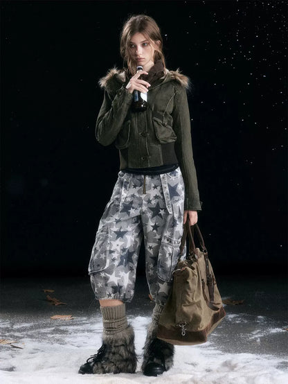 Washed Quilted Fur-Trim Hooded Jacket