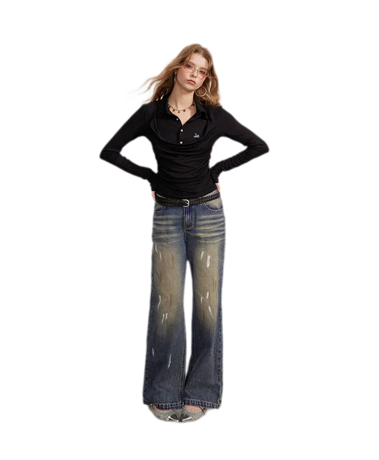 Washed Paint-Splatter Wide-Leg Jeans