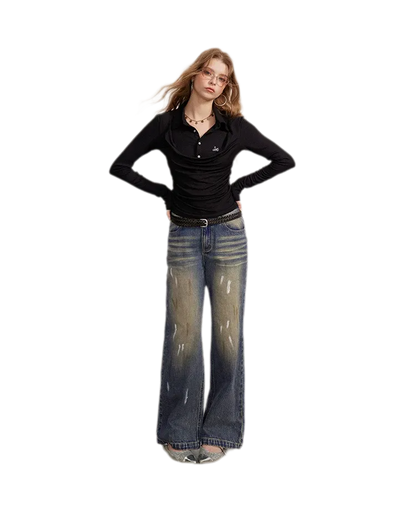 Washed Paint-Splatter Wide-Leg Jeans