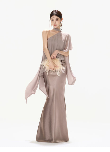 Elegant Asymmetric Chiffon Shawl Top with Built-in Bustier