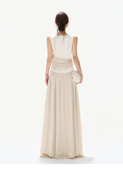 French Style Colorblock Pleated Satin V-Neck Dress