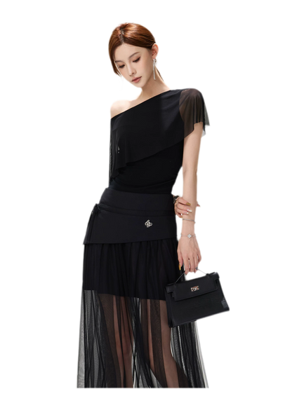 Sheer Ruffle One-Shoulder Top