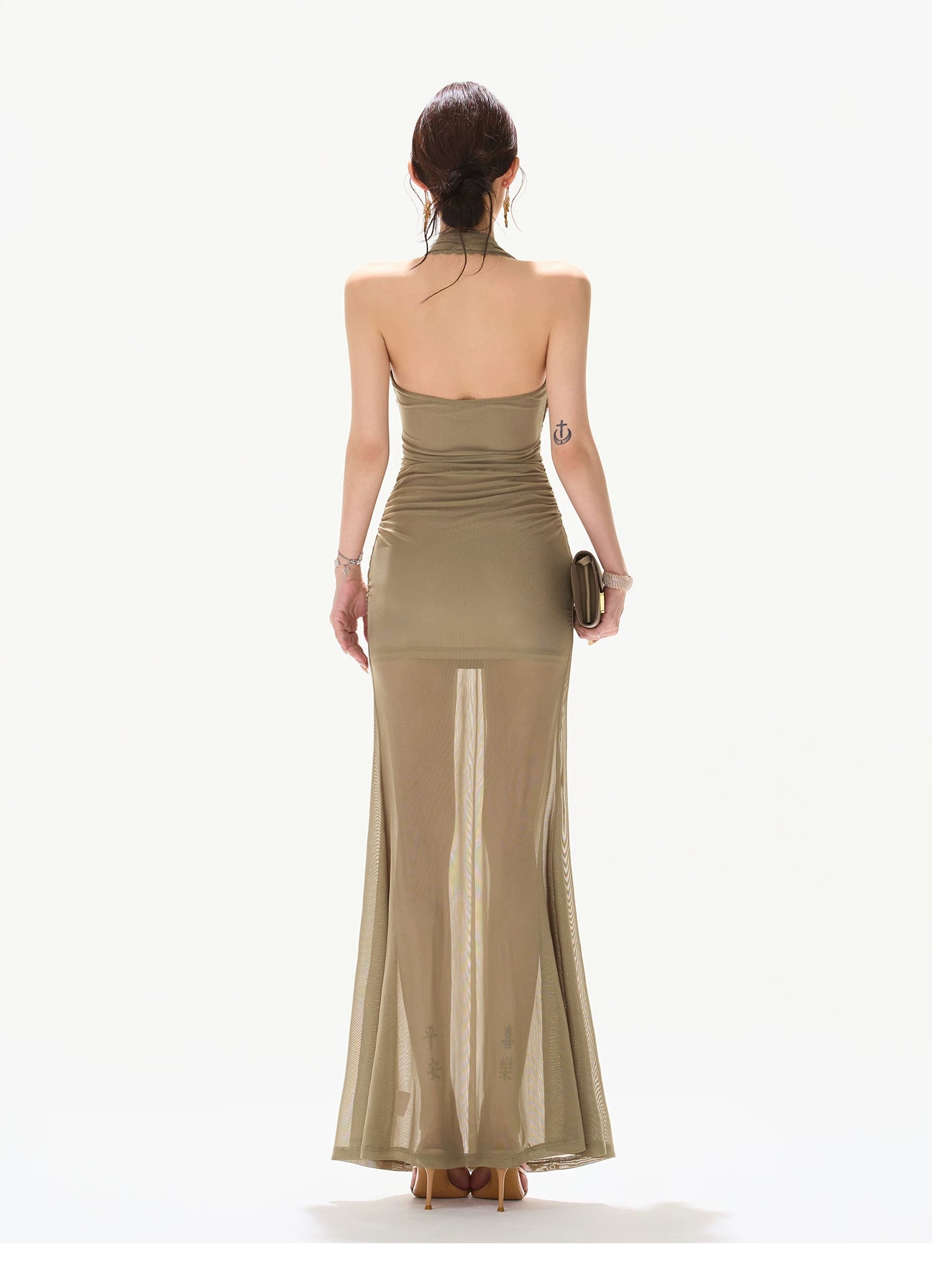 Deep V Halter Neck Lace Mesh Backless Long