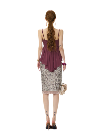 Purple Sequin Slit Skirt