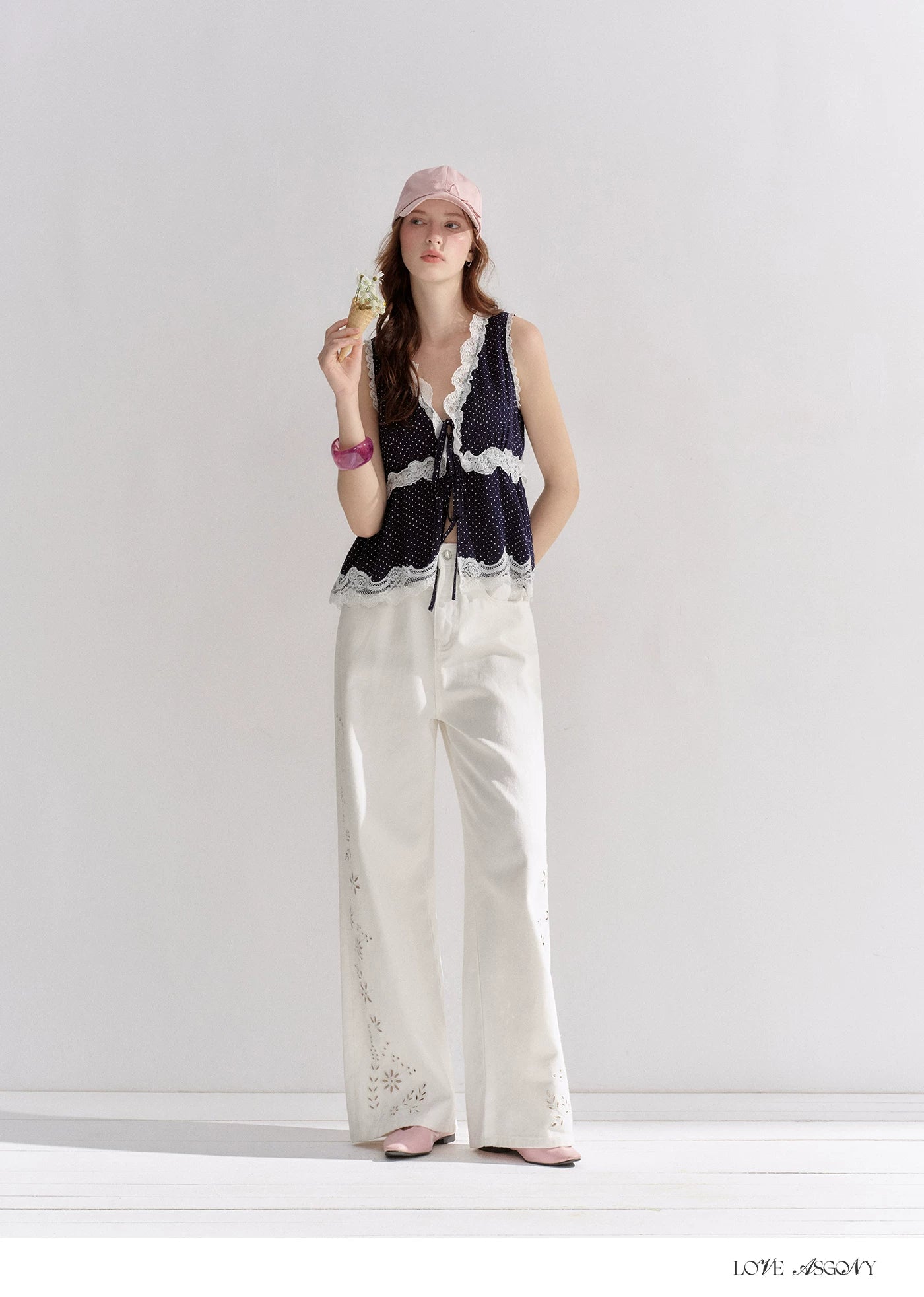 V-Neck Lace Polka Dot Waist-Defined Sleeveless Top