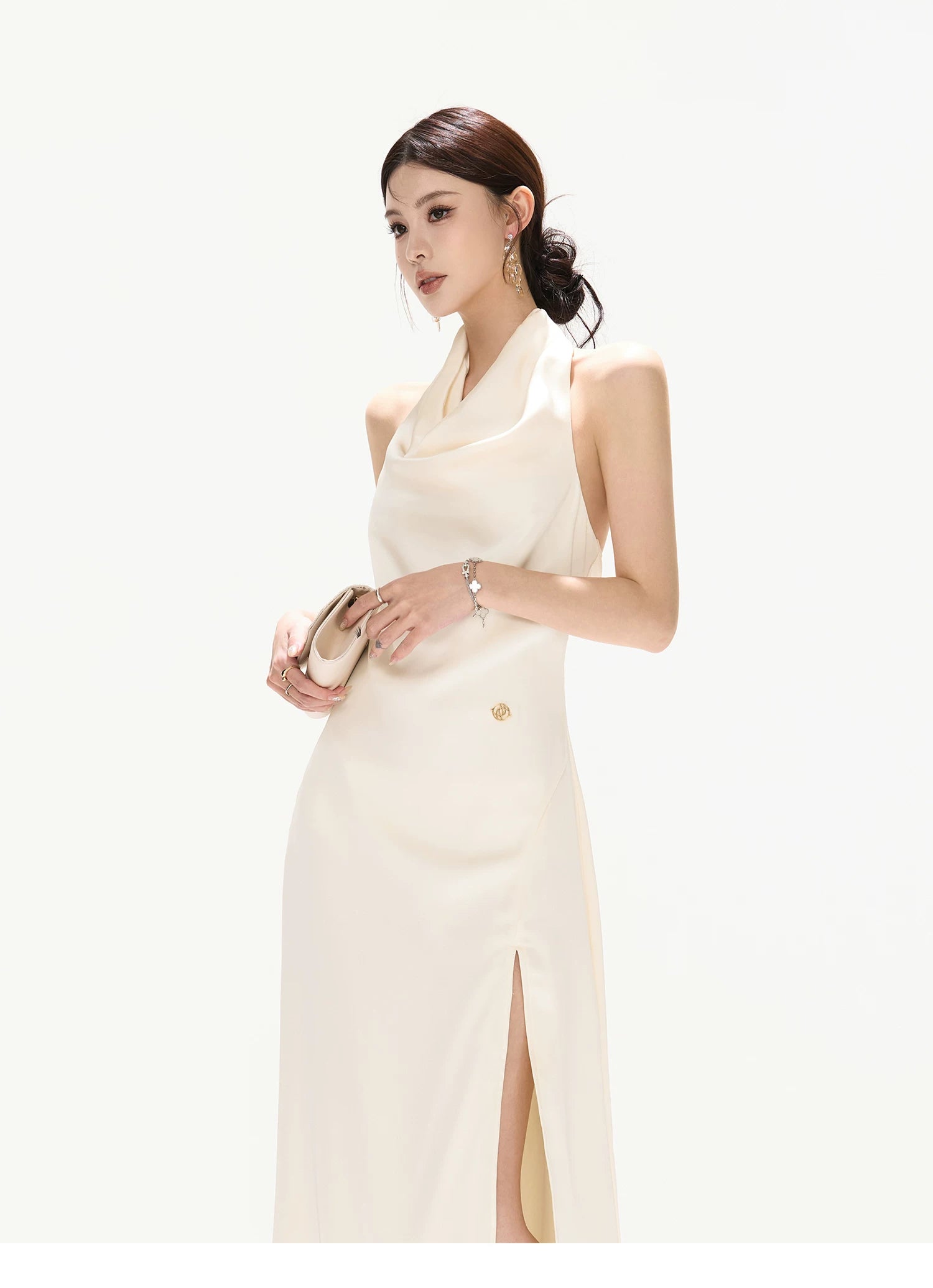 Halterneck Draped Satin Long Dress with Side Slit