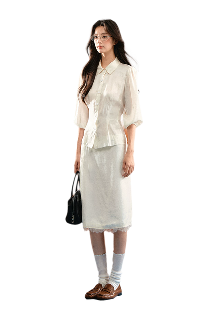 Linen Bubble Sleeve Top Skirt