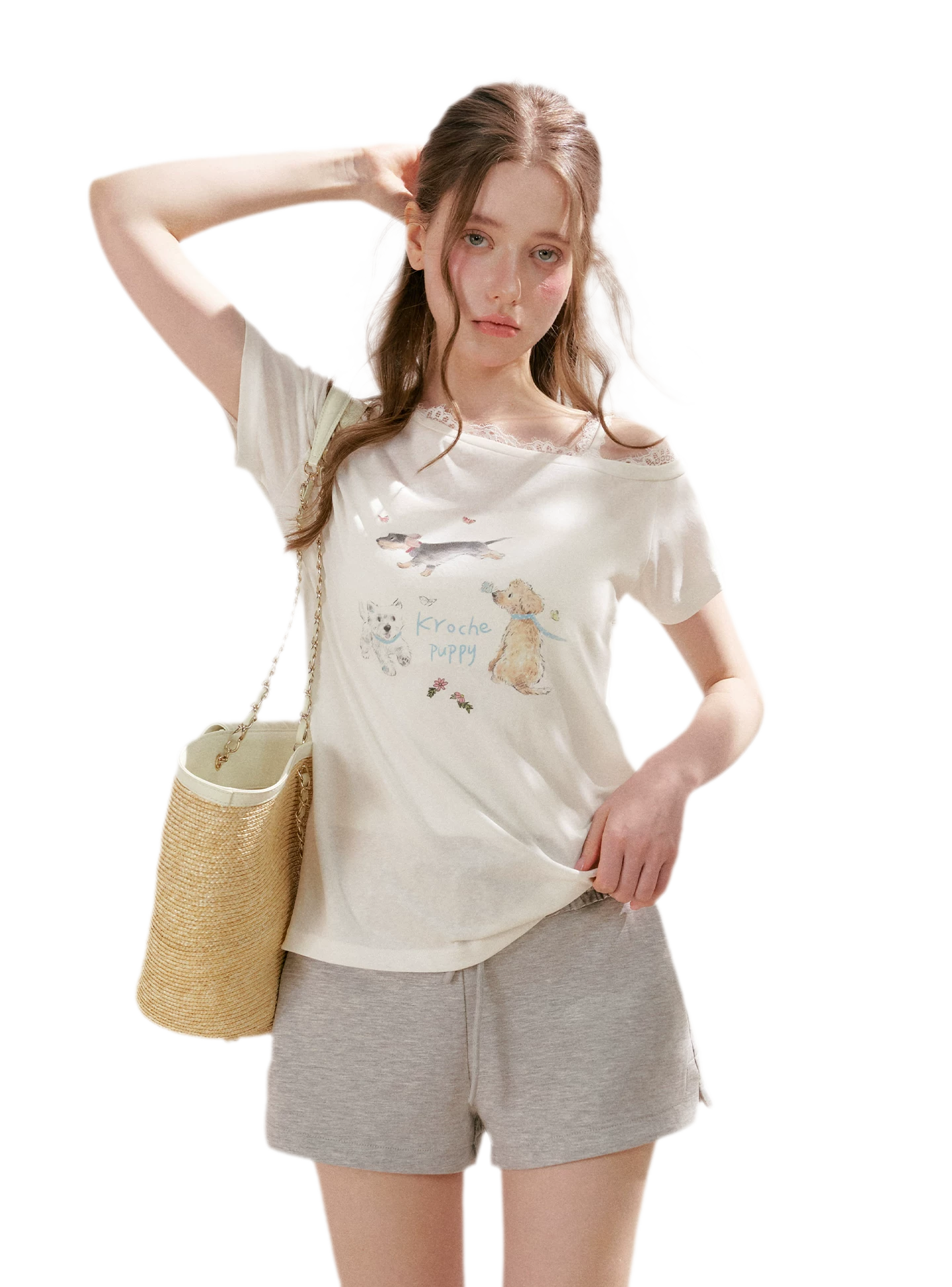 Tencel Cotton French Lace Puppy Print Asymmetric T-Shirt