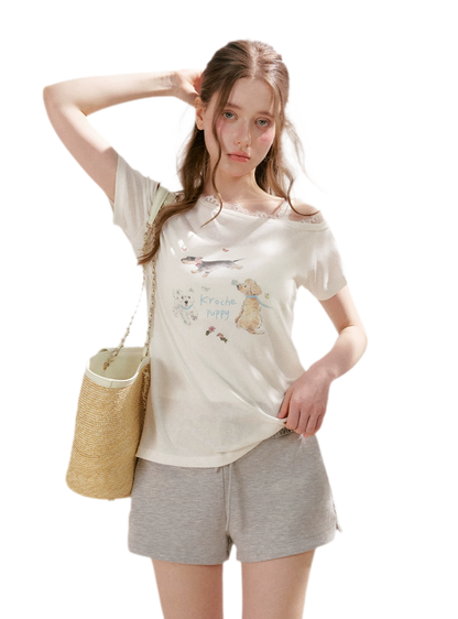 Tencel Cotton French Lace Puppy Print Asymmetric T-Shirt