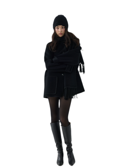 Double-Faced Wool Fringe Cape Coat
