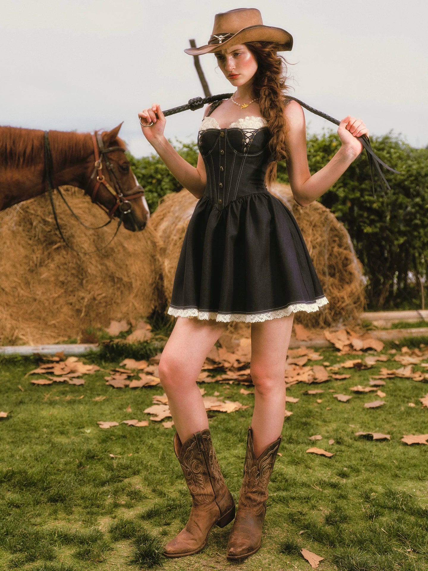 Boned Lace Denim Dress