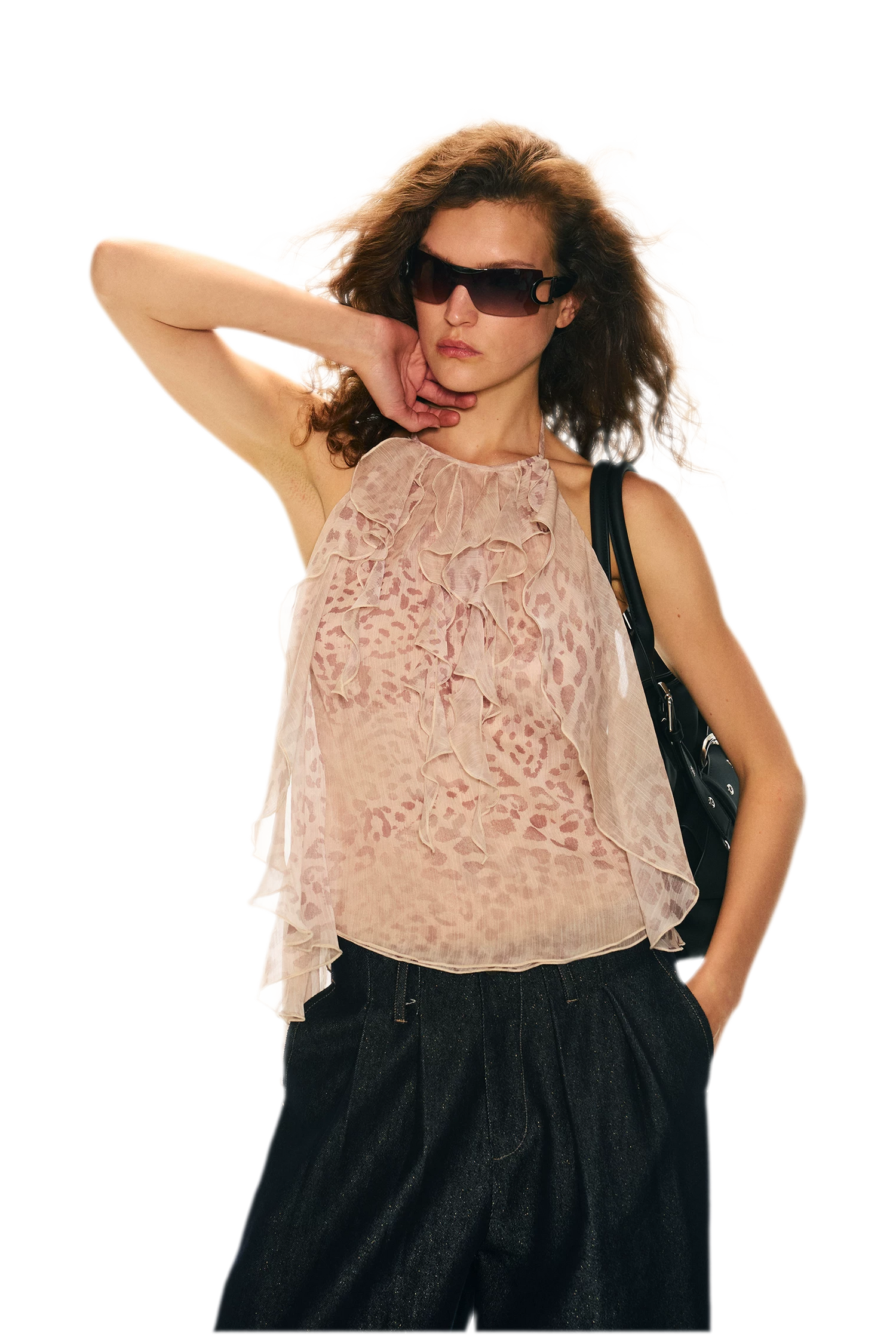Off-Shoulder Halter Chiffon Check Print Top