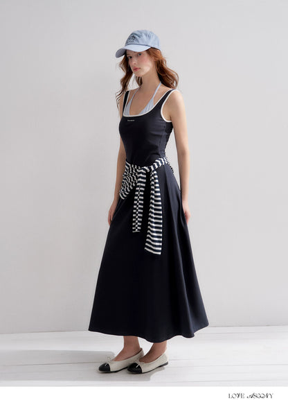 Contrast Color U-Neck Halter Knit Long Dress