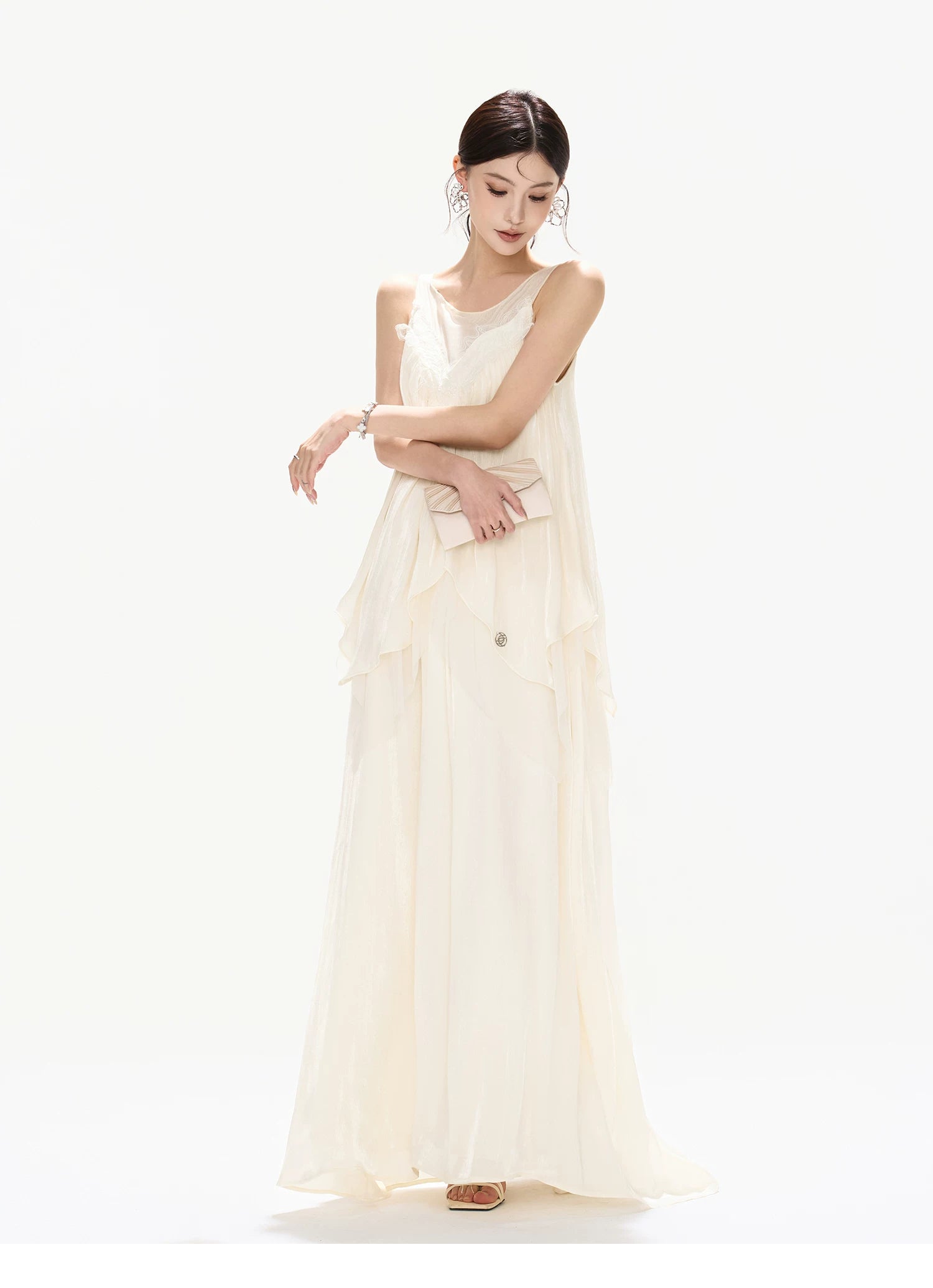 Sleeveless Mesh Spliced Ruffle Long Dress
