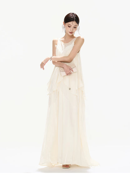 Sleeveless Mesh Spliced Ruffle Long Dress