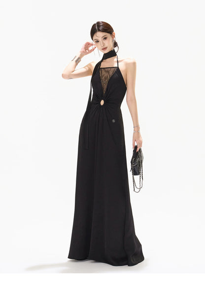 Mesh Lace Deep V Halter Dress with Satin