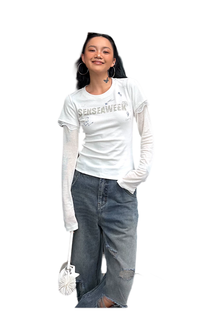 Ribbed Lace Trim Layered T-Shirt