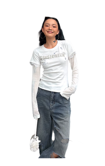 Ribbed Lace Trim Layered T-Shirt