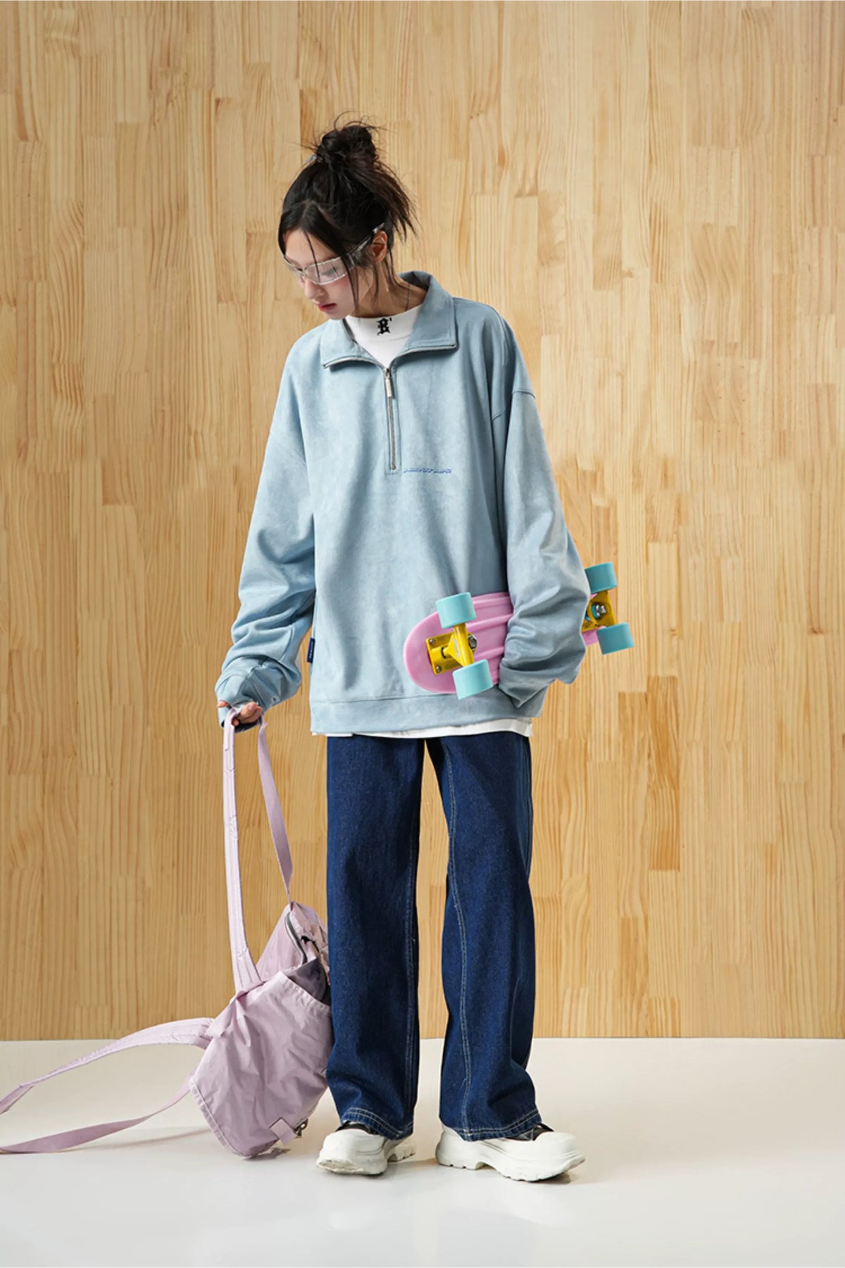 Faux Suede Oversize Polo Sweatshirt